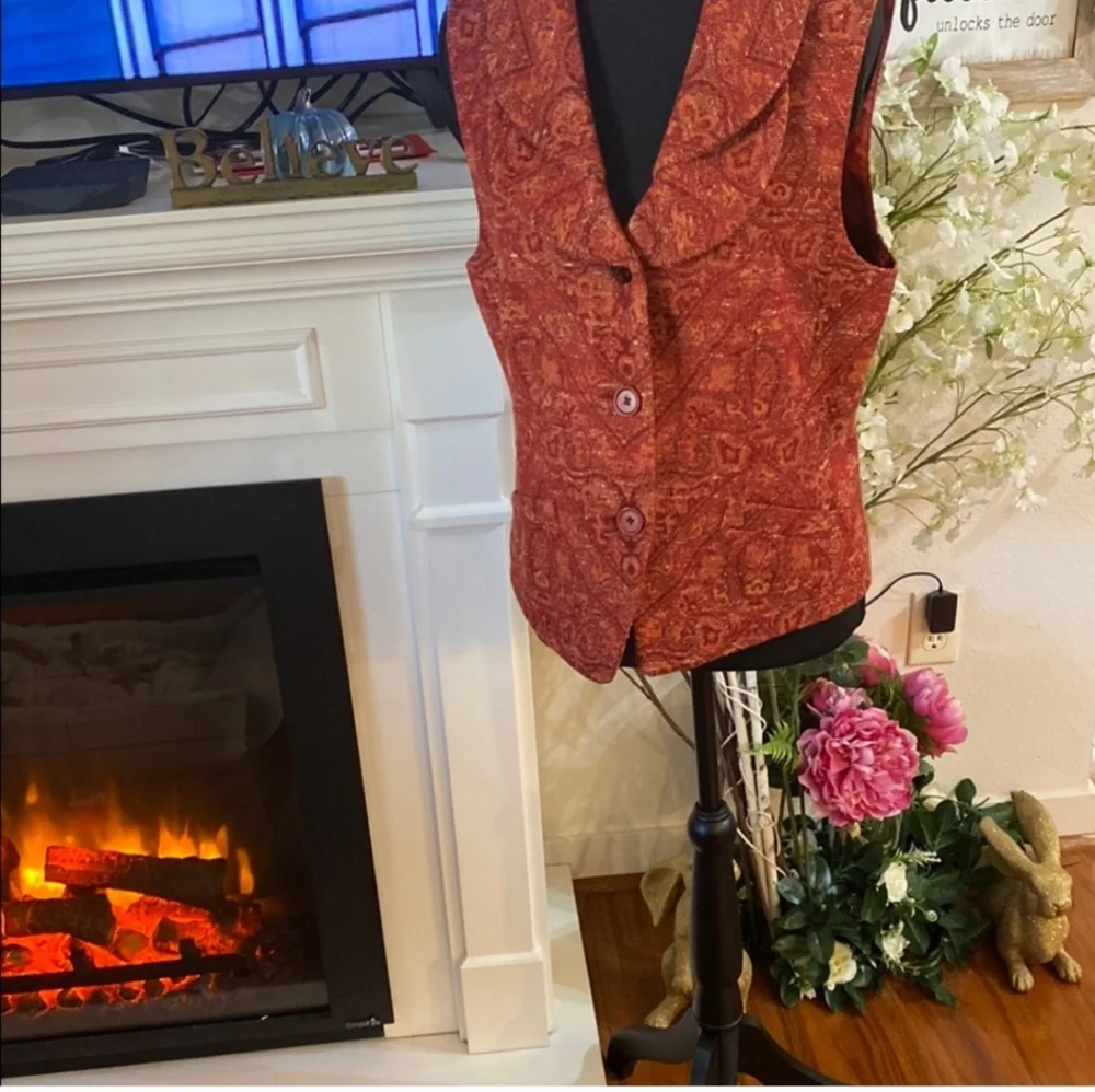 Karl Lagerfeld Tapestry Vintage Vest Double Flap Collar Wool/Silk Button Up Rust - Picture 7 of 12